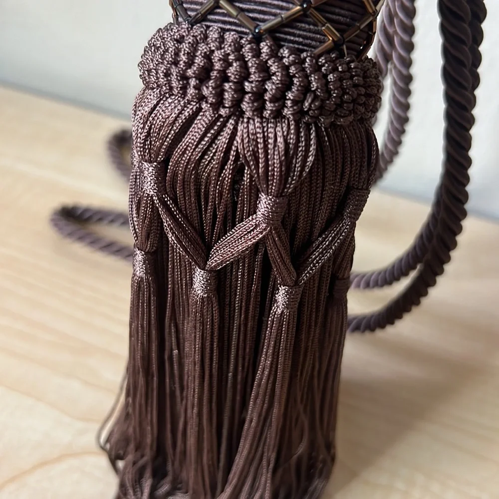 Set of 2 brown curtain tie tassels with copper beads detail approx 24” like new